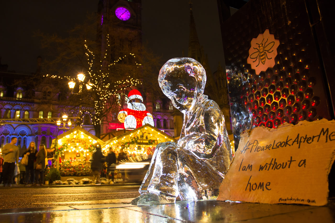 No.4 ice sculpture from Please Look After Me outside the Manchester Christmas Markets