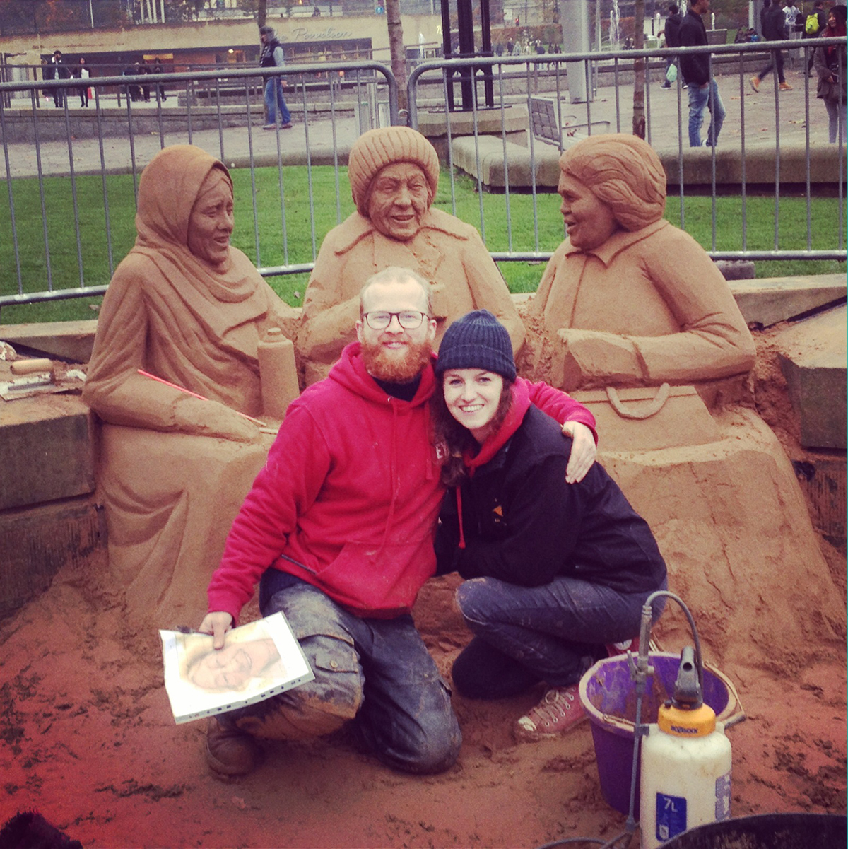 Jamie Wardley and Claire Jamieson, sand sculptors working on the Bradford sand sculpture event