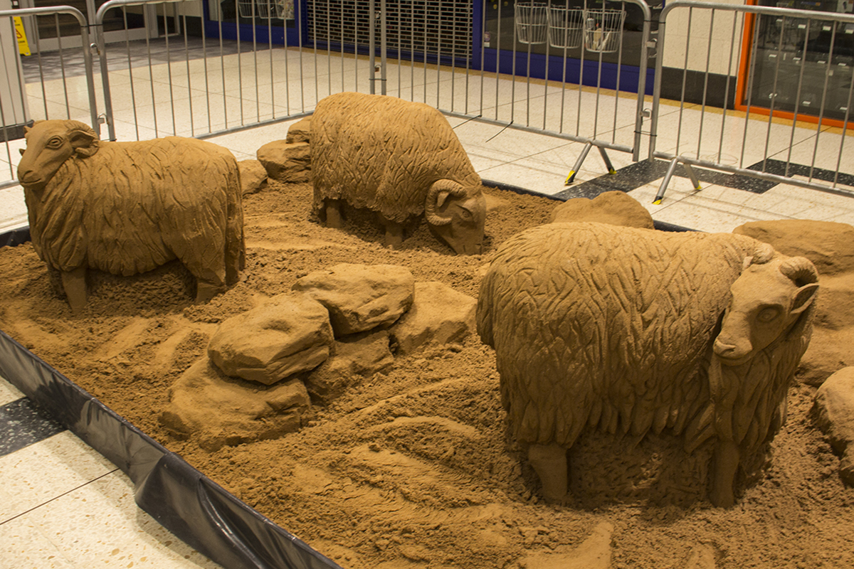 Sheep sand sculpture made inside the Kirkgate Shopping Centre, Bradford