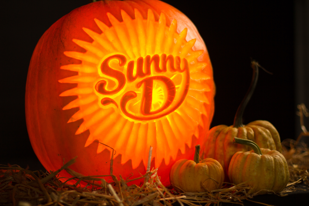 Sunny D pumpkin carving created and photographed in our Bradford workshop